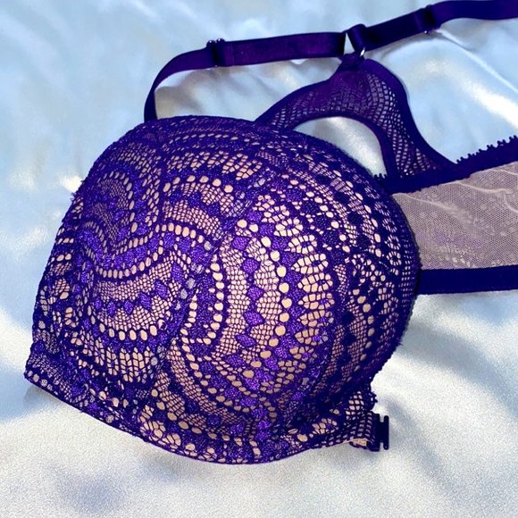 Front Close Racerback 32DD Bra Fishnet Lace Purple - Picture 2 of 8